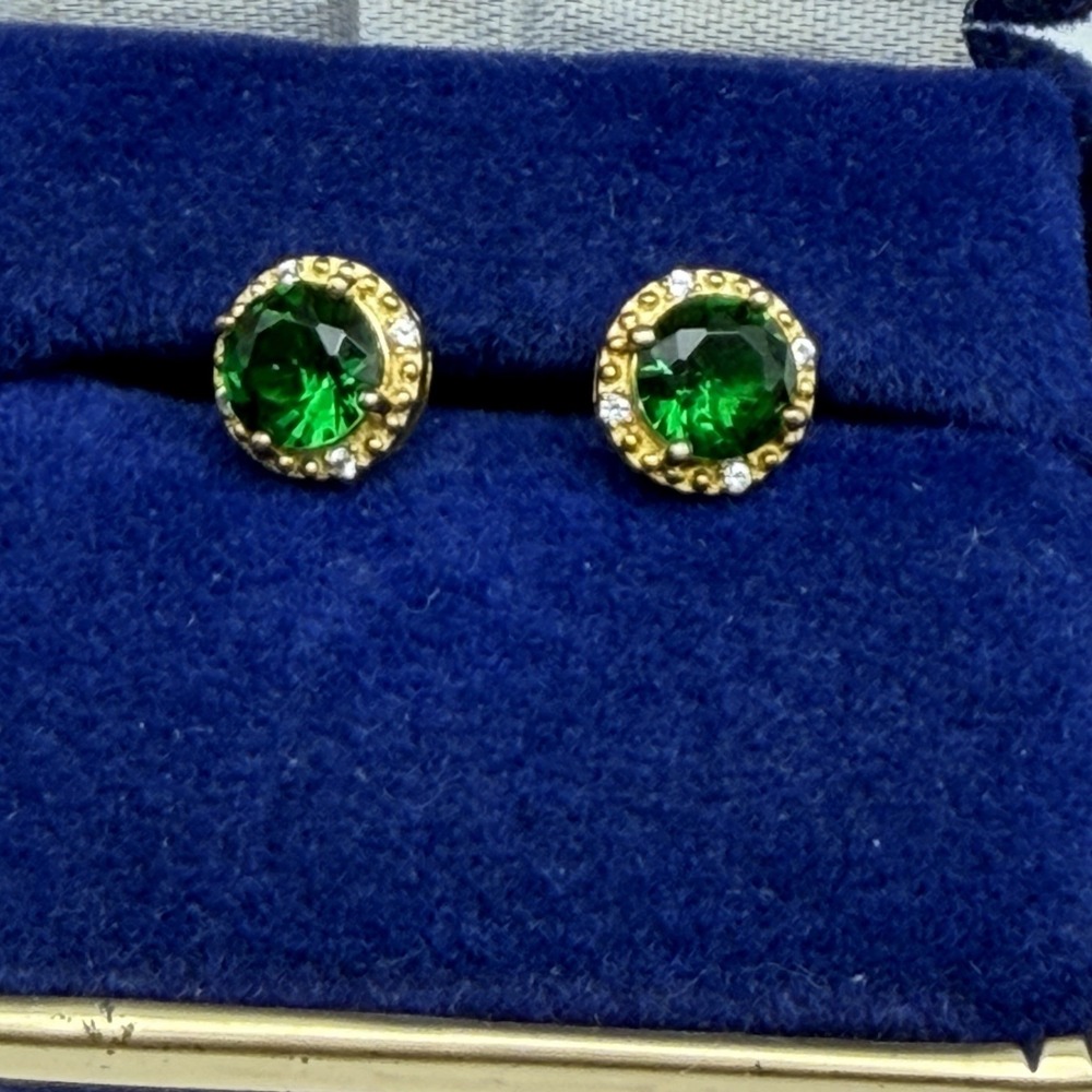 Vintage Sterling Silver Gold Vermeil Green White Halo CZ 8mm Stud Earrings